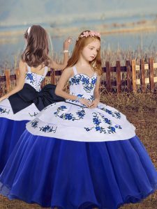 Graceful Floor Length Blue Girls Pageant Dresses Organza Sleeveless Embroidery