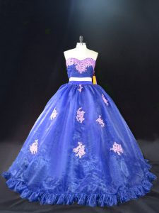 Blue Sleeveless Brush Train Appliques 15 Quinceanera Dress