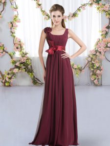 Fantastic Burgundy Sleeveless Floor Length Belt and Hand Made Flower Zipper Quinceanera Dama Dress