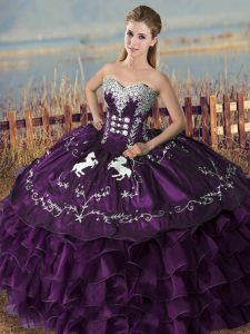 Purple Sleeveless Floor Length Embroidery Lace Up Sweet 16 Dress