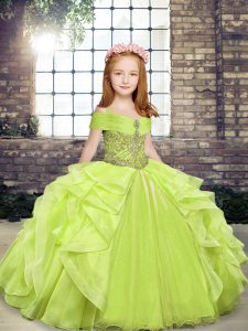 Yellow Green Ball Gowns Organza Straps Sleeveless Beading and Ruffles Floor Length Lace Up Kids Pageant Dress