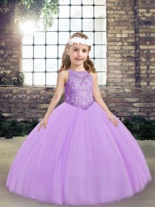 Lavender Sleeveless Floor Length Beading Lace Up Little Girls Pageant Dress Wholesale