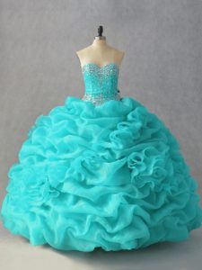 Gorgeous Aqua Blue Ball Gowns Sweetheart Sleeveless Organza Floor Length Lace Up Beading and Pick Ups and Hand Made Flower Quinceanera Dress