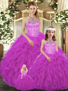 Floor Length Ball Gowns Sleeveless Fuchsia 15 Quinceanera Dress Lace Up