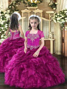 Fuchsia Lace Up Little Girls Pageant Dress Wholesale Beading and Ruffles Sleeveless Floor Length