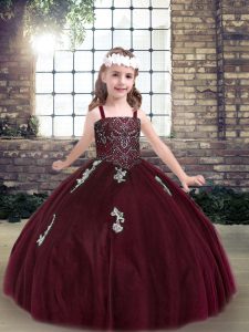 Burgundy Ball Gowns Straps Sleeveless Tulle Floor Length Lace Up Beading and Appliques Pageant Gowns For Girls