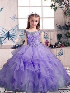 Off The Shoulder Sleeveless Organza Little Girls Pageant Gowns Beading and Ruffles Lace Up