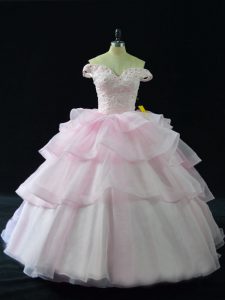 Modern Lace Up Sweet 16 Dress Pink for Sweet 16 and Quinceanera with Beading and Ruffled Layers Brush Train