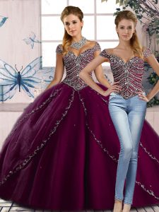 Great Lace Up Ball Gown Prom Dress Purple for Sweet 16 and Quinceanera with Beading Brush Train