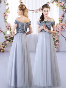 Empire Damas Dress Grey Off The Shoulder Tulle Sleeveless Floor Length Lace Up