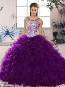 Pretty Purple Organza Lace Up Scoop Sleeveless Floor Length Vestidos de Quinceanera Beading and Ruffles