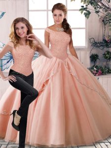 Most Popular Peach Sleeveless Brush Train Beading Quinceanera Dress