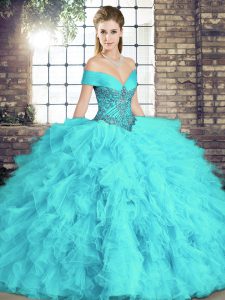 Low Price Floor Length Ball Gowns Sleeveless Aqua Blue Vestidos de Quinceanera Lace Up