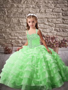 Straps Sleeveless Child Pageant Dress Brush Train Beading and Ruffled Layers Organza