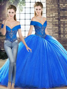 Sophisticated Royal Blue Off The Shoulder Neckline Beading 15 Quinceanera Dress Sleeveless Lace Up