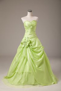 Yellow Green Lace Up 15 Quinceanera Dress Beading and Hand Made Flower Sleeveless Floor Length