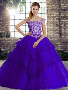 Best Selling Off The Shoulder Sleeveless Tulle Quinceanera Dress Beading and Lace Brush Train Lace Up