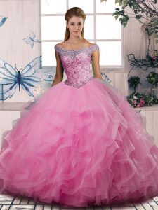 Rose Pink Ball Gowns Beading and Ruffles Quince Ball Gowns Lace Up Tulle Sleeveless Floor Length