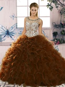 Brown Sleeveless Floor Length Beading and Ruffles Lace Up Quinceanera Dress