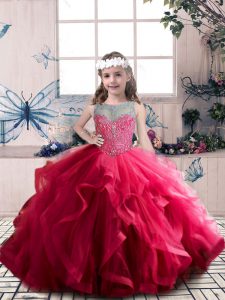 Cheap Ball Gowns Child Pageant Dress Coral Red Scoop Tulle Sleeveless Floor Length Lace Up