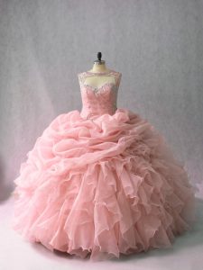 Fitting Pink Scoop Neckline Beading and Ruffles and Pick Ups Quinceanera Gowns Sleeveless Lace Up