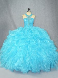 Artistic Beading and Ruffles Quinceanera Dresses Baby Blue Zipper Sleeveless Floor Length