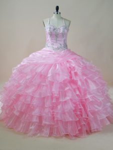 Floor Length Baby Pink Sweet 16 Dresses Halter Top Sleeveless Lace Up