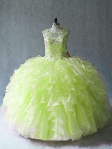 Exceptional Ball Gowns Quince Ball Gowns Yellow Green Scoop Organza Sleeveless Floor Length Lace Up