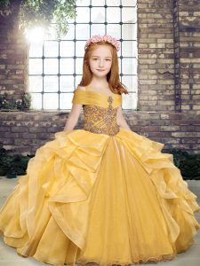 Custom Made Gold Organza Lace Up Off The Shoulder Sleeveless Floor Length Little Girls Pageant Gowns Beading and Ruffles