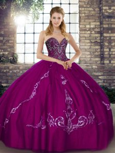 High Quality Sleeveless Tulle Floor Length Lace Up Sweet 16 Dress in Fuchsia with Beading and Embroidery