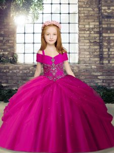 Graceful Fuchsia Straps Lace Up Beading Kids Pageant Dress Sleeveless