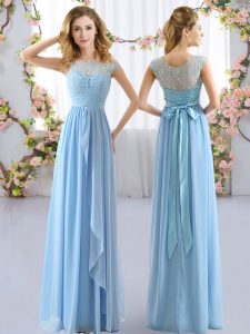 Wonderful Floor Length Side Zipper Quinceanera Dama Dress Light Blue for Wedding Party with Lace and Belt