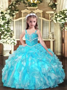 Sleeveless Lace Up Floor Length Beading and Ruffles Kids Pageant Dress