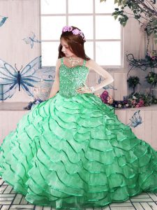 Custom Design Organza Straps Sleeveless Court Train Lace Up Beading and Ruffled Layers Little Girl Pageant Dress in Apple Green