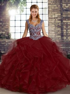 Wine Red Ball Gowns Beading and Ruffles 15 Quinceanera Dress Lace Up Tulle Sleeveless Floor Length