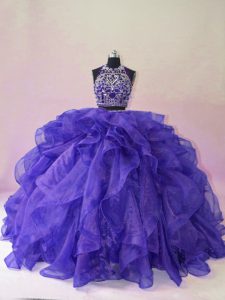 Purple Two Pieces Halter Top Sleeveless Organza Brush Train Backless Beading and Ruffles Sweet 16 Dresses