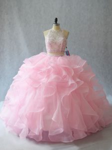 Decent Baby Pink Organza Backless Halter Top Sleeveless 15th Birthday Dress Brush Train Beading and Ruffles