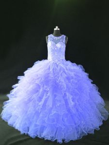 Lavender Scoop Lace Up Beading and Ruffles Quinceanera Dress Sleeveless