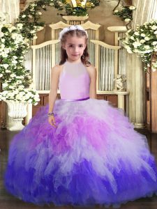 Nice High-neck Sleeveless Kids Formal Wear Floor Length Ruffles Multi-color Tulle