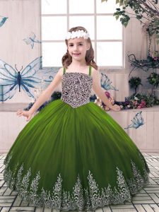 Olive Green Straps Neckline Beading and Embroidery Pageant Gowns For Girls Sleeveless Lace Up