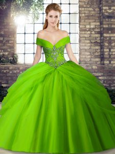 Eye-catching Sleeveless Beading and Pick Ups Lace Up Sweet 16 Dress with Brush Train