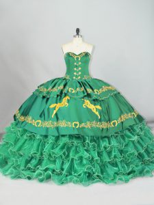 Dazzling Green Sweetheart Neckline Embroidery and Ruffled Layers Quince Ball Gowns Sleeveless Lace Up