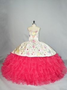 Gorgeous Floor Length White And Red Quinceanera Dress Organza Sleeveless Embroidery and Ruffles