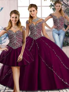 Purple Sweetheart Lace Up Beading Sweet 16 Quinceanera Dress Brush Train Cap Sleeves