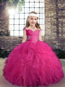 Floor Length Fuchsia Little Girl Pageant Dress Tulle Sleeveless Beading and Ruffles