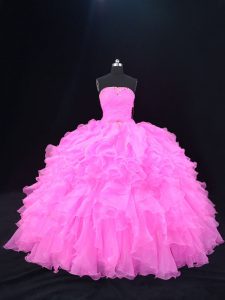 Low Price Pink and Rose Pink Ball Gowns Beading and Ruffles Quinceanera Dresses Lace Up Organza Sleeveless Floor Length