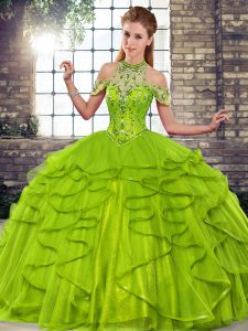 Floor Length Olive Green Ball Gown Prom Dress Tulle Sleeveless Beading and Ruffles