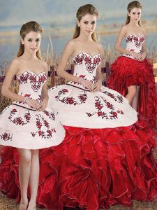 Excellent White And Red Ball Gowns Embroidery and Ruffles and Bowknot 15 Quinceanera Dress Lace Up Organza Sleeveless Floor Length