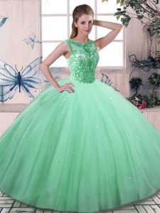 Dazzling Apple Green Ball Gowns Beading Vestidos de Quinceanera Lace Up Tulle Sleeveless Floor Length