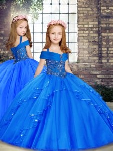 Latest Blue Ball Gowns Straps Sleeveless Tulle Floor Length Lace Up Beading Little Girls Pageant Gowns